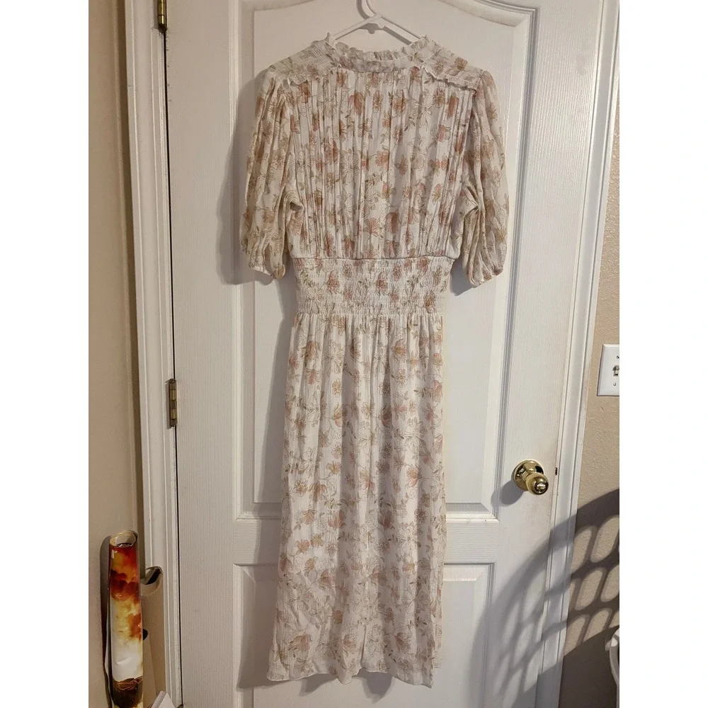 Keren Hart Floral Midi Dress Womens Medium Cream Pink‎ Smocked Waist Puff Sleeve
